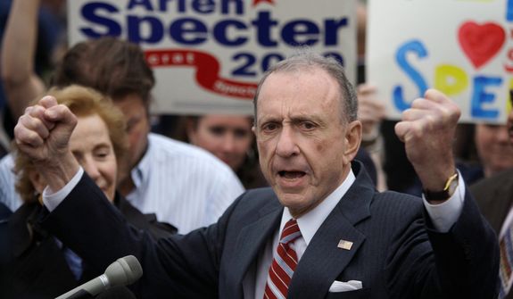 **FILE** Sen. Arlen Specter, Pennsylvania Democrat, speaks May 17, 2010, at the Citizens Bank Park in Philadelphia, as he campaigns across the state for the Democratic nomination to run for re-election. (Associated Press)
