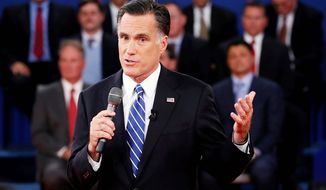 Republican presidential nominee Mitt Romney answers a question during the second presidential debate. (AP Photo/Pool, Rick Wilking)