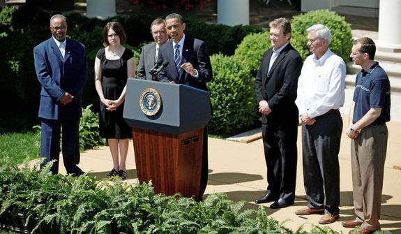 In this April 30, 2010, file photo, from right, A123 Systems, President and Chief Executive Officer David Vieau, A123 Systems electrical engineer James Fenton and A123 Systems design engineer Antonio Biundo, stand next to President Barack Obama, as he speaks in the Rose Garden of the White House in Washington. Short of cash and hurting from slow sales of electric cars, battery maker A123 Systems Inc. sent its U.S. operations into bankruptcy protection on Tuesday, Oct. 16, 2012, and quickly sold its automotive assets. The filing is likely to stoke the debate in Washington over the Obama administration&amp;#195;&amp;#173;s funding of alternative energy companies. In 2009, A123 got a $249 million Department of Energy grant to help it build U.S. factories. Republicans have accused Obama of wasting stimulus money on the companies after the failure of politically connected and now-bankrupt solar power company Solyndra LLC, which left taxpayers on the hook for $528 million. (AP Photo/Haraz N. Ghanbari, File)