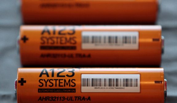This Thursday, Aug. 6, 2009, file photo, shows A123 Systems Inc.&#39;s high power Nanophospate Lithium Ion Cell for Hybrid Electric Vehicles batteries in Livonia, Mich. Short of cash and hurting from slow sales of electric cars, battery maker A123 Systems Inc. sent its U.S. operations into bankruptcy protection on Tuesday, Oct. 16, 2012, and quickly sold its automotive assets.  The Chapter 11 filing in Delaware came one day after A123 warned that it likely would miss some debt payments and could be headed for court-supervised restructuring. (AP Photo/Paul Sancya, File)  