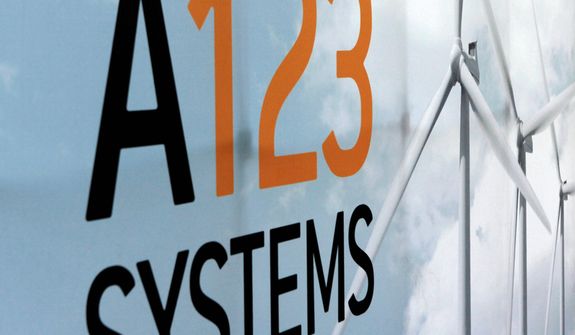 An A123 Systems Inc. logo is seen in a Thursday, Aug. 6, 2010, file photo in Livonia, Mich. A123 Systems says Tuesday, Oct. 16, 2012, that a default on some of its debt is likely and it may be heading for bankruptcy protection. (AP Photo/Paul Sancya, File)