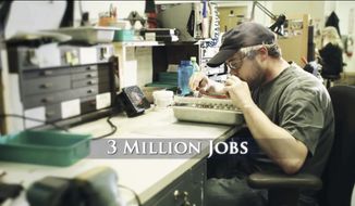 This image provided by Romney For President, Inc. shows a still frame made from a video ad entitled &quot;12 Million Jobs.&quot; One analysis estimates the campaigns and independent groups will have spent about $1.1 billion on television advertising this year, with $750 million already allocated in states likely to determine the outcome of the presidential contest. Romney primarily is running a spot in which he promises to boost the economy through manufacturing, energy and cracking down on China. (Associated Press)