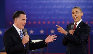President Obama and Republican presidential candidate Mitt Romney exchange views on Tuesday, Oct. 16, 2012, at Hofstra University in Hempstead, N.Y., during the second presidential debate. (Associated Press)