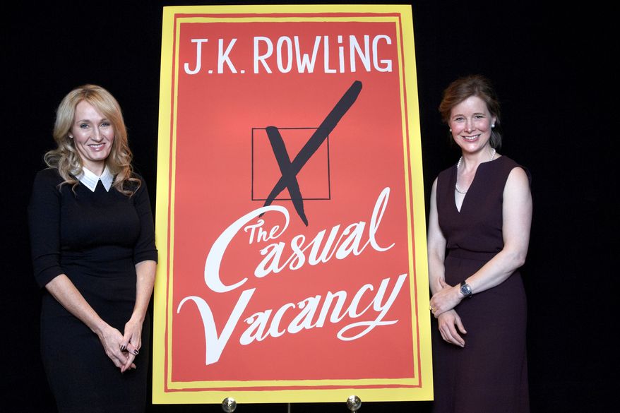 "Harry Potter" author J.K. Rowling (left) and fellow writer Ann Patchett promote Miss Rowling's latest book, "The Casual Vacancy," at Lincoln Center's David H. Koch Theater in New York on Tuesday, Oct. 16, 2012. Miss Rowling spoke for just more than an hour before a capacity crowd in her sole U.S. public appearance to promote her first novel for grown-ups. (Dan Hallman/Invision/AP)