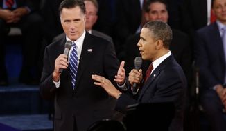 President Obama and Republican presidential candidate Mitt Romney participate in the second presidential debate, at Hofstra University in Hempstead, N.Y., on Tuesday, Oct. 16, 2012. (AP Photo/Charles Dharapak)