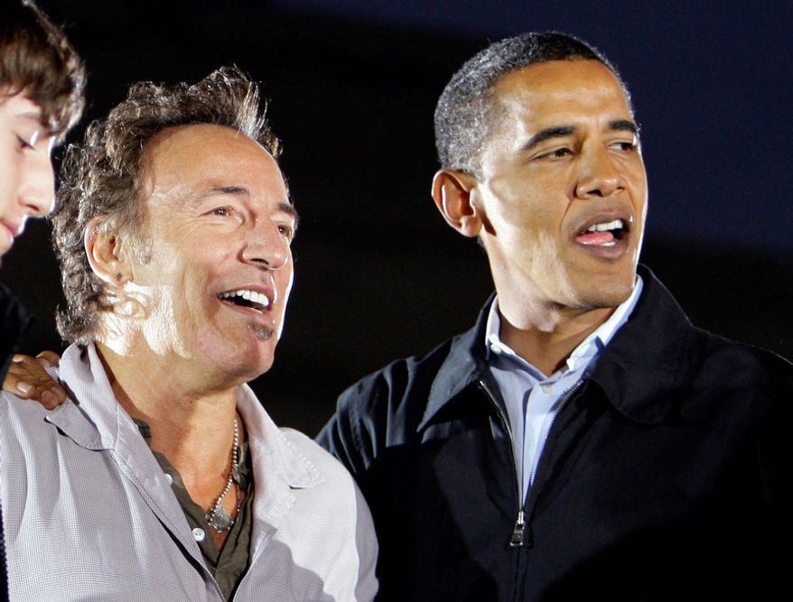 This Nov. 2, 2008 file photo shows musician Bruce Springsteen, left, with then Democratic presidential candidate Sen. Barack Obama, D-Ill., at a rally at the Cleveland Mall in Cleveland, Ohio. Springsteen posted a message on his website Wednesday, Oct. 17, 2012, endorsing Obama's re-election. Springsteen is making his debut Thursday on the 2012 campaign trail with Bill Clinton at events in Cleveland and Ames, Iowa. (AP Photo/Alex Brandon, file)