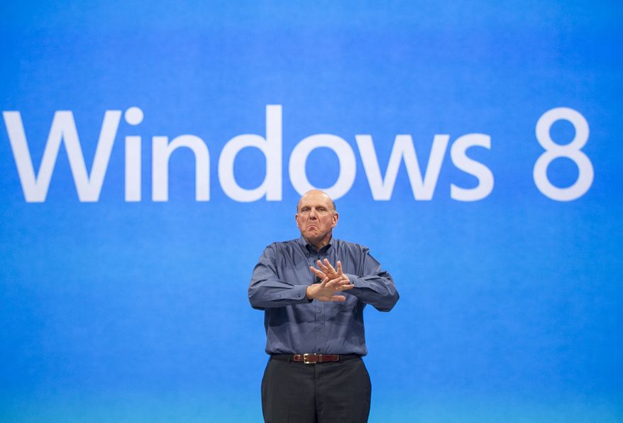 FILE - In this Monday, June 18, 2012, file photo, Microsoft CEO Steve Ballmer comments on the Windows 8 operating system. The PC industry is in a slump, as consumers show more interest in tablet computers and smartphones. Officially, PC makers say they expect Windows 8, which launches Oct. 26, 2012, to get buyers to open their wallets, but industry watchers and analysts are skeptical. (AP Photo/Damian Dovarganes, File)