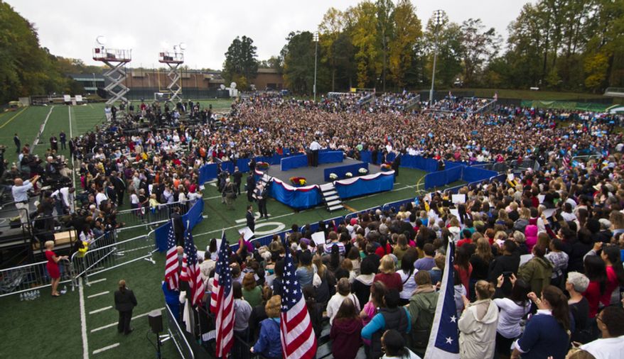 President Obama speaks to supporters Oct. 19, 2012, during a campaign event at George Mason University in Fairfax, Va. (Craig Bisacre/The Washington Times)