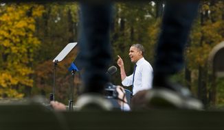 President Obama speaks during a Oct. 19, 2012, campaign event at George Mason University in Fairfax, Va. (Craig Bisacre/The Washington Times)