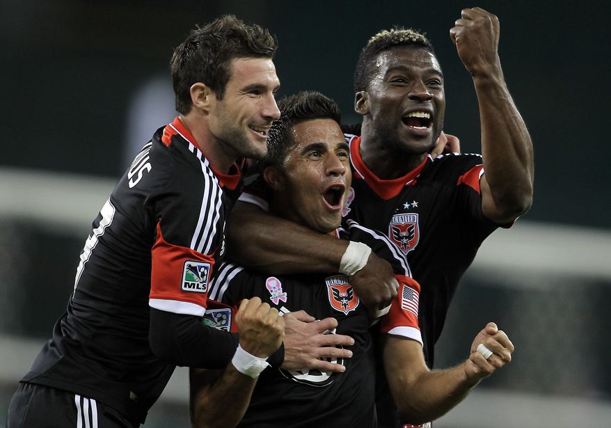 D.C. United has rallied around the loss of midfielder-forward Dwayne De Rosario, reeling off a 5-0-1 record capped off by their first playoff spot since 2007. Pictured from left to right: midfielder-forward Chris Pontius, midfielder Marcelo Saragosa and defender Brandon McDonald. (Tony Quinn/D.C. United)