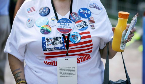 Doris Smith, of Boynton Beach, Fla., wears buttons on her shirt before the presidential debate. (AP Photo/Charlie Neibergall)