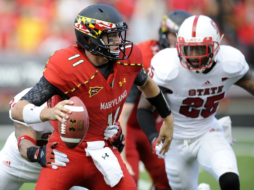 Maryland will now turn to sophomore Devin Burns or freshman Caleb Rowe at quarterback after Perry Hills (pictured) suffered a season-ending ACL tear in Saturday&#39;s loss to N.C. State. (AP Photo/Nick Wass)