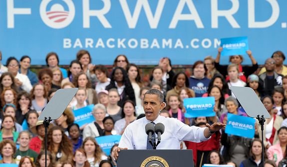 President Barack Obama speaks about choice facing women in the election during a campaign event at George Mason University in Fairfax, Va., Friday, Oct. 19, 2012. (AP Photo/Susan Walsh)