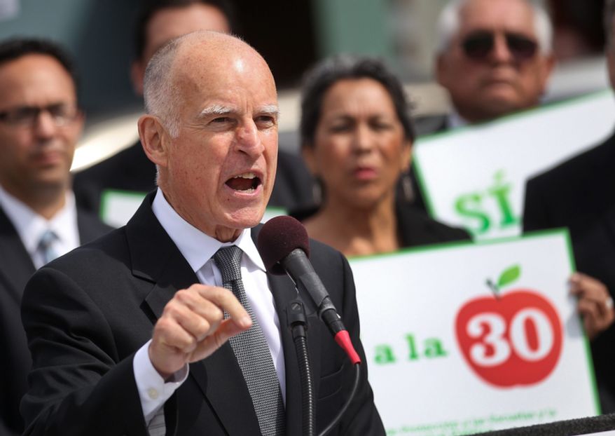 California Gov. Jerry Brown speaks Oct. 23, 2012, in support of Proposition 30 at an elementary school in San Diego. Proposition 30 would boost the state sales tax by a quarter cent for four years and raise income taxes for seven years on those who make more than $250,000 annually. (Associated Press)