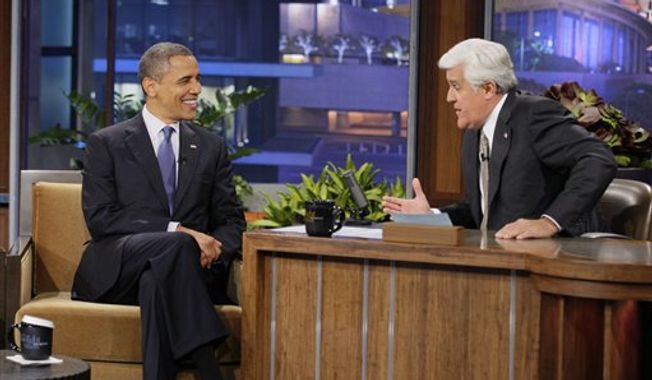In this photo provided by NBC, President Obama appears on &quot;The Tonight Show&quot; with Jay Leno Wednesday, Oct. 24, 2012, in Los Angeles. (NBC via Associated Press)