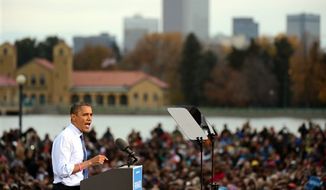 ** FILE ** President Barack Obama speaks during a campaign rally at the Meadow in City Park on Wednesday, Oct. 24, 2012, in Denver. (AP Photo/The Denver Post, Hyoung Chang)