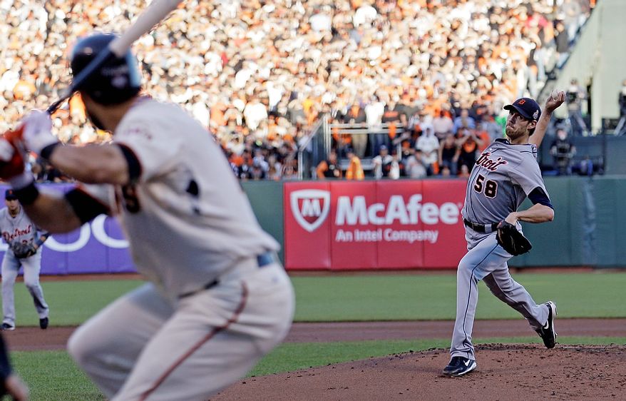 Detroit Tigers starting pitcher Doug Fister throws during the first inning of Game 2 of the World Series between the Tigers and San Francisco Giants in San Francisco on Oct. 25, 2012. (Associated Press)