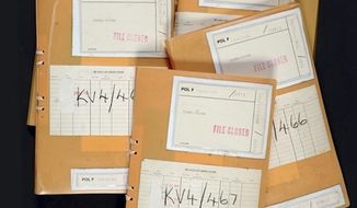 This photo supplied by Britain’s National Archives shows files containing the diaries of Guy Liddell, former deputy director of the MI5 intelligence service. Liddell’s dairies for the years 1945-53 were made public for the first time on Friday, Oct. 26, 2012. (AP Photo/National Archive)