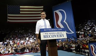 Republican presidential candidate and former Massachusetts Gov. Mitt Romney campaigns at the Pensacola Civic Center in Pensacola, Fla., Saturday, Oct. 27, 2012. (AP Photo/Charles Dharapak)
