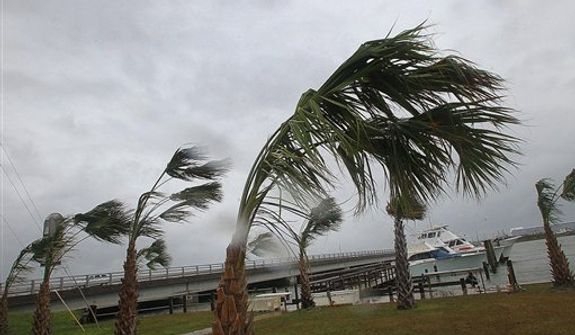 Palms along highway 24 at the Nancy Lee Fishing Center bend in the tropical storm-force winds being generated by Hurricane Sandy, Saturday, Oct. 27, 2012 in Atlantic Beach, N.C. (AP Photo/The Jacksonville Daily News, Chuck Beckley)