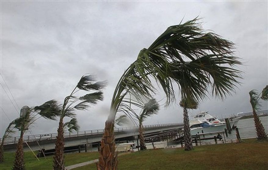 Palms along highway 24 at the Nancy Lee Fishing Center bend in the tropical storm-force winds being generated by Hurricane Sandy, Saturday, Oct. 27, 2012 in Atlantic Beach, N.C. (AP Photo/The Jacksonville Daily News, Chuck Beckley)