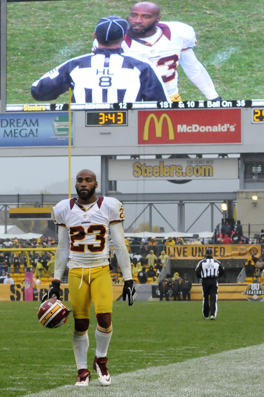 Washington Redskins cornerback DeAngelo Hall (23) walks off the field after being ejected in the fourth quarter at Heinz Field, Pittsburgh, Pa., Oct. 28, 2012. (Preston Keres/Special to The Washington Times)