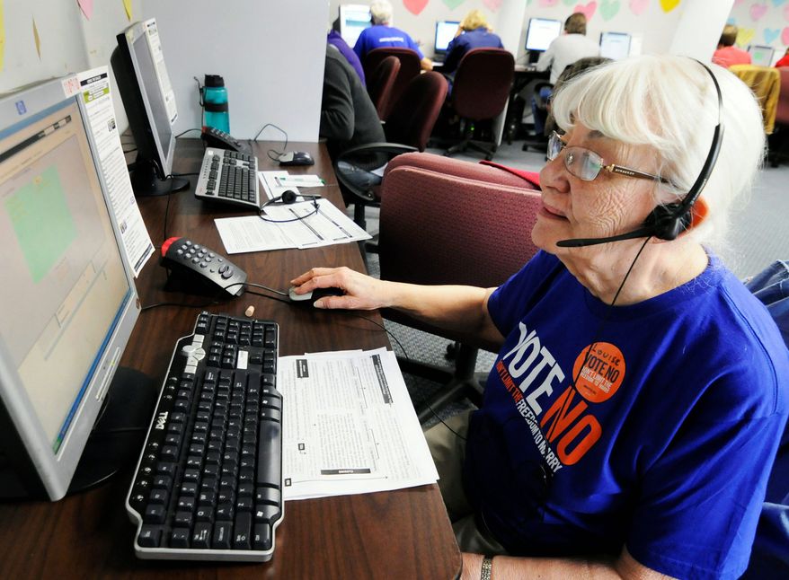 Louise Pardee, 81, calls fellow senior citizens from a Shoreview, Minn., phone bank to urge them to vote against a proposed constitutional ban on gay marriage on the statewide ballot next week. Getting the support of older voters could be a key bloc in the four states with such measures up for voter approval. (Associated Press)