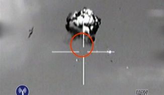 ** FILE ** This Saturday, Oct. 6, 2012, file image made from video released by the Israeli Defense Forces shows the downing of a drone that entered Israeli airspace in southern Israel. (AP Photo/Israeli Defense Forces via AP video, File)