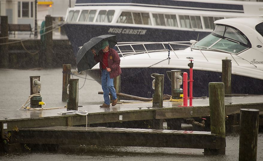A man fights the heavy rain and initial winds from Hurricane Sandy at the marina in Old Town Alexandria, Va., Monday, Oct. 29, 2012 while Hurricane Sandy makes it's way north along the Atlantic coast. (Rod Lamkey Jr./The Washington Times)