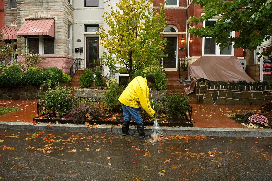 David Brooks clears leaves from a gutter along a section of Rhode Island Avenue that has been prone to flooding from big storms in the Bloomingdale neighborhood of Northwest, Washington, D.C., Monday, October 29, 2012. Hurricane Sandy begins to affect the Washington, D.C. region. (Andrew Harnik/The Washington Times)