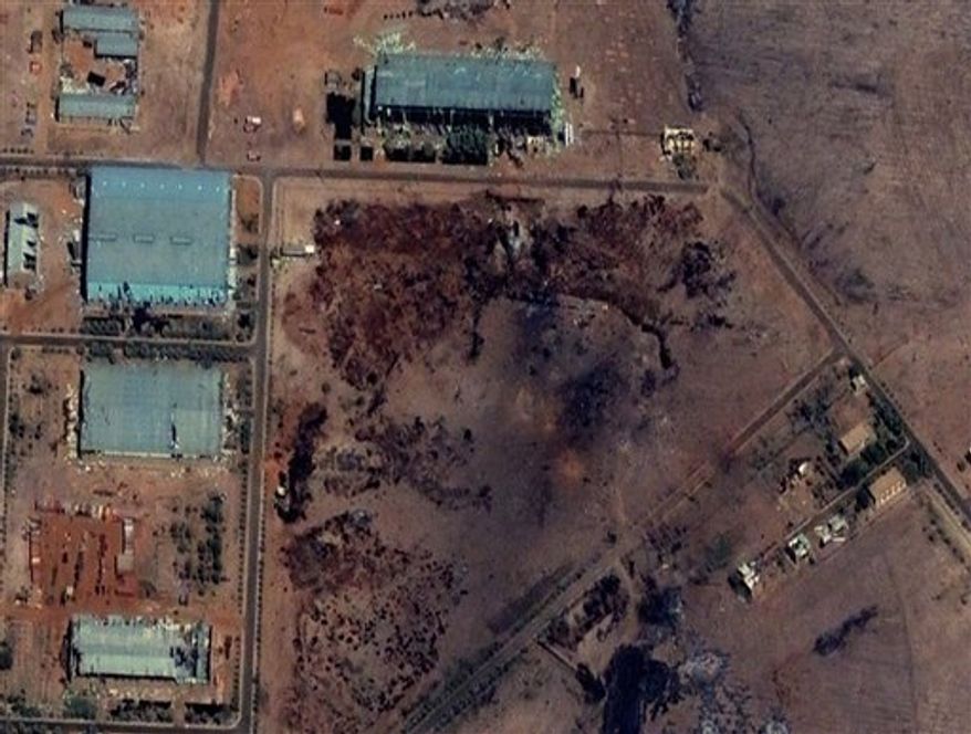 ** FILE ** Part of the Yarmouk military complex in Khartoum, Sudan seen in a satellite image made on October 25 2012, following an alleged attack. A U.S. monitoring group says satellite images of the aftermath of an explosion at a Sudanese weapons factory suggest the site was hit by an airstrike. The Sudanese government has accused Israel of bombing its Yarmouk military complex on Oct 23, killing two people and leaving the factory in ruins. (AP Photo/ DigitalGlobe via Satellite Sentinel Project, File)