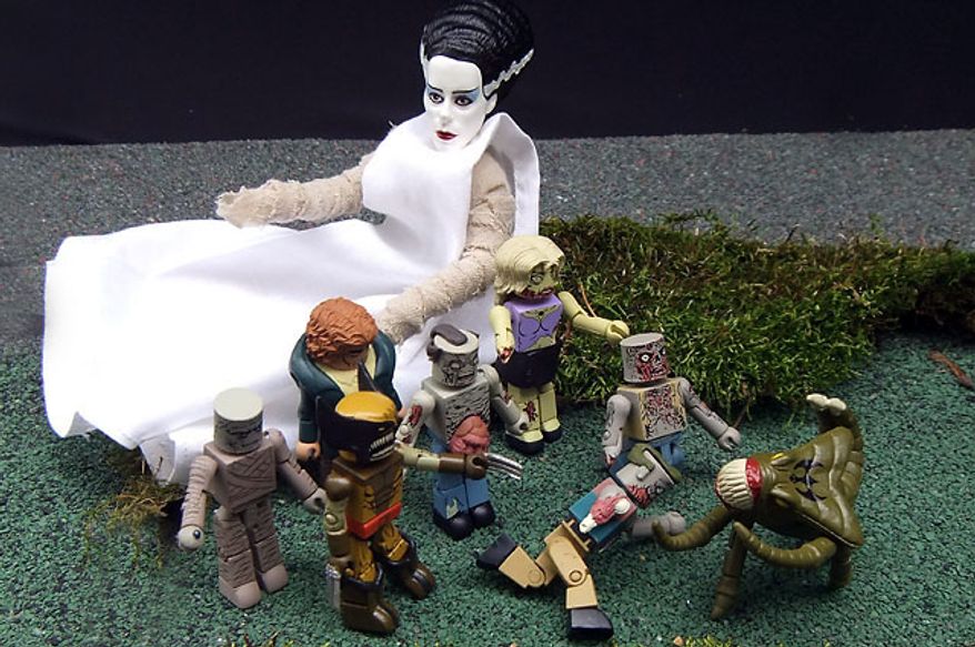Diamond Select Toys' Retro Cloth Bride of Frankenstein admires a scary selection of Minimates. (Photograph by Joseph Szadkowski / The Washington Times)