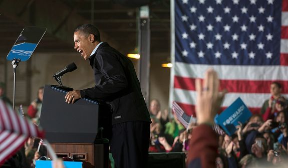 President Barack Obama speaks at a campaign event at the Franklin County Fairgrounds, Friday, Nov. 2, 2012, in Hilliard, Ohio, before heading to another campaign stop in in Springfield, Ohio. (AP Photo/Carolyn Kaster)