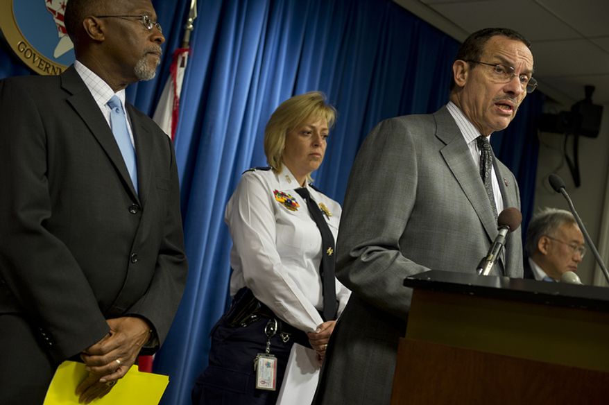 Mayor Vincent Gray was joined by Metropolitan Police Department Chief Cathy Lanier and other public safety officials on Friday, Nov. 2, 2012 at the Wilson Building in Washington, D.C. to announce changes to improve both safety and fairness in the photo enforcement violations for traffic cameras in the city. The new program, which goes into effect on Monday, will include the following changes: Violators caught speeding up to 10 mph over the limit will be fined $50 instead of $75; violations from 11 to 15 mph over the limit will be fined at $100 instead of $125; and violations of more than 25 mph over the limit will increase from $250 to $300. The mayor said that the revenue raised from these fines will go towards hiring 100 new police officers in 2013. (Barbara L. Salisbury/The Washington Times)
