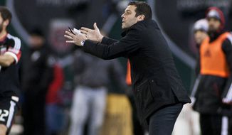 D.C. United coach Ben Olsen yells at his team during the first half against New York Red Bulls in the Eastern Conference semifinals playoff match at RFK Stadium, Washington, D.C.,  Saturday, Nov. 3, 2012. (Craig Bisacre/The Washington Times) 
