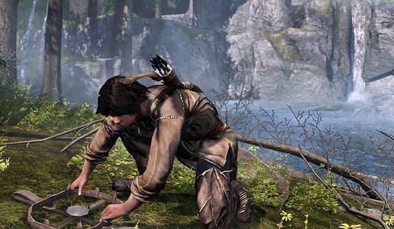 Connor practices setting traps in the video game Assassin&#39;s Creed III. 