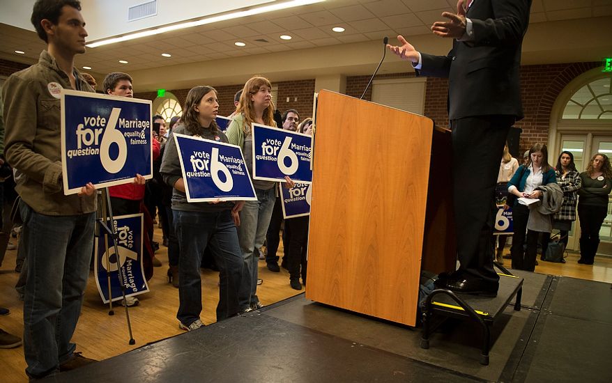 One day before Election Day, Maryland Governor Martin O'Malley (D) offers his remarks to the crowd as he is joined by Marylanders for Marriage Equality Coalition at a rally in support of Question 6, at the University of Maryland in College Park, Md., Monday, Nov. 5, 2012. (Rod Lamkey Jr./The Washington Times)