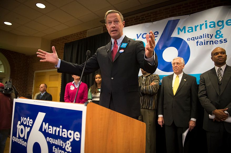 One day before Election Day, Maryland Governor Martin O'Malley (D) offers his remarks to the crowd as he is joined by Marylanders for Marriage Equality Coalition at a rally in support of Question 6, at the University of Maryland in College Park, Md., Monday, Nov. 5, 2012. (Rod Lamkey Jr./The Washington Times)