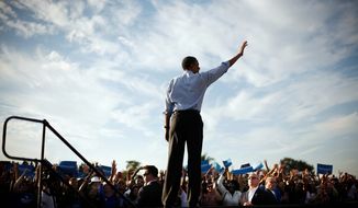 President Obama waves to supporters Nov. 4, 2012, during a campaign event at McArthur High School in Hollywood, Fla. (Associated Press)