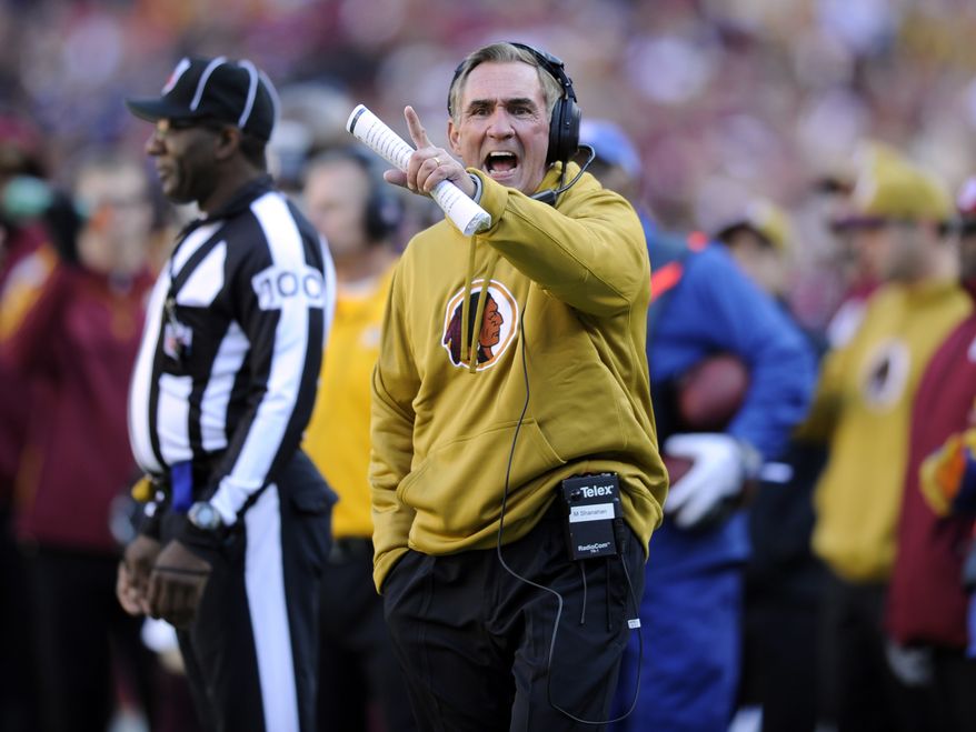 Washington Redskins head coach Mike Shanahan yells on the sidelines during the first half of an NFL football game against the Carolina Panthers Sunday, Nov. 4, 2012, in Landover, Md. (AP Photo/Nick Wass)
