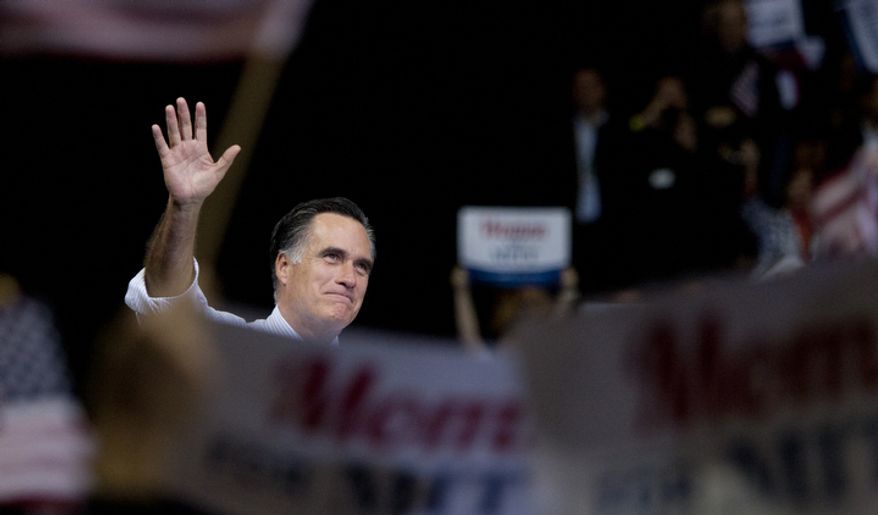 Republican presidential candidate, former Massachusetts Gov. Mitt Romney speaks at a Virginia campaign rally at The Patriot Center, George Mason University, in Fairfax, Va., Monday, Nov. 5, 2012. (Craig Bisacre/The Washington Times)