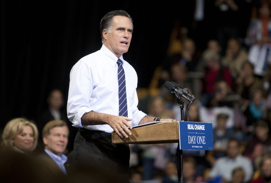 Republican presidential candidate, former Massachusetts Gov. Mitt Romney speaks at a Virginia campaign rally at The Patriot Center, George Mason University, in Fairfax, Va., Monday, Nov. 5, 2012. (Craig Bisacre/The Washington Times)