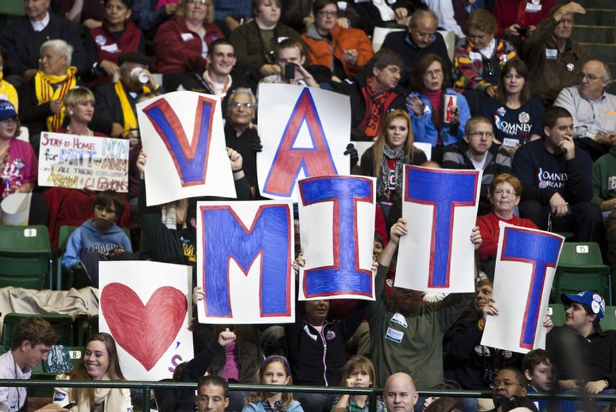 Supporters attend republican presidential candidate, former Massachusetts Gov. Mitt Romney campaign rally at The Patriot Center, George Mason University in Fairfax, Va., Monday, Nov. 5, 2012. (Craig Bisacre/The Washington Times)