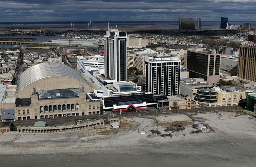This aerial photo shows Atlantic City, N.J., after superstorm Sandy on Wednesday, Oct. 31, 2012. (AP Photo/Mike Groll)