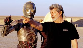 George Lucas directs actor Anthony Daniels, who played the robot C-3PO, in “Star Wars II: Attack of the Clones,” on location in the Tunisia. Numerous high-profile Hollywood directors have been discussed as candidates to helm upcoming sequels. (Associated Press)
