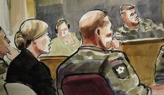 In this detail of a courtroom sketch, U.S. Army Staff Sgt. Robert Bales (seated at front right) listens on Monday, Nov. 5, 2012, during a preliminary hearing in a military courtroom at Joint Base Lewis-McChord in Washington state. Sgt. Bales is accused of 16 counts of premeditated murder and six counts of attempted murder for a pre-dawn attack on two villages in Kandahar province in Afghanistan in March 2012. At upper right is Col. Lee Deneke, the investigating officer, and seated at front left is Sgt. Bales&#39; civilian attorney, Emma Scanlan. (AP Photo/Lois Silver)