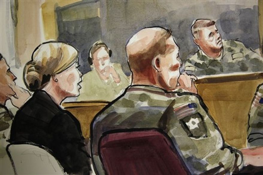 In this detail of a courtroom sketch, U.S. Army Staff Sgt. Robert Bales (seated at front right) listens on Monday, Nov. 5, 2012, during a preliminary hearing in a military courtroom at Joint Base Lewis-McChord in Washington state. Sgt. Bales is accused of 16 counts of premeditated murder and six counts of attempted murder for a pre-dawn attack on two villages in Kandahar province in Afghanistan in March 2012. At upper right is Col. Lee Deneke, the investigating officer, and seated at front left is Sgt. Bales' civilian attorney, Emma Scanlan. (AP Photo/Lois Silver)