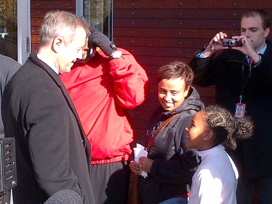 Maryland Gov. Matin O'Malley chats with Nolawit Weldetsadik, 8, and her mother, Aster, at the voting line outside the Silver Spring Civic Building on Tuesday morning (Tom Howell Jr./The Washington Times)