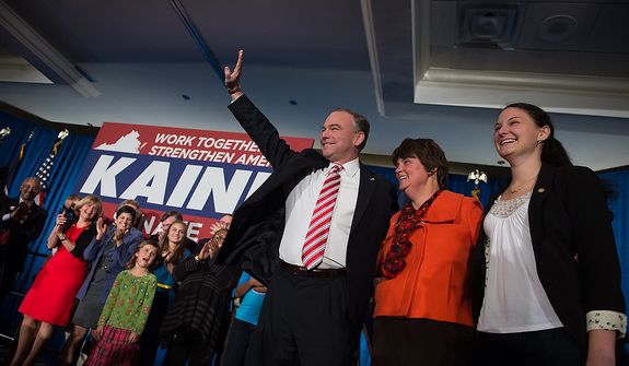 Tim Kaine (D) waves to a cheering audience at his election night party  at the Richmond Marriott after winning the Virginia election for U.S. Senate, Richmond, Va., Tuesday, November 6, 2012. (Andrew Harnik/The Washington Times)