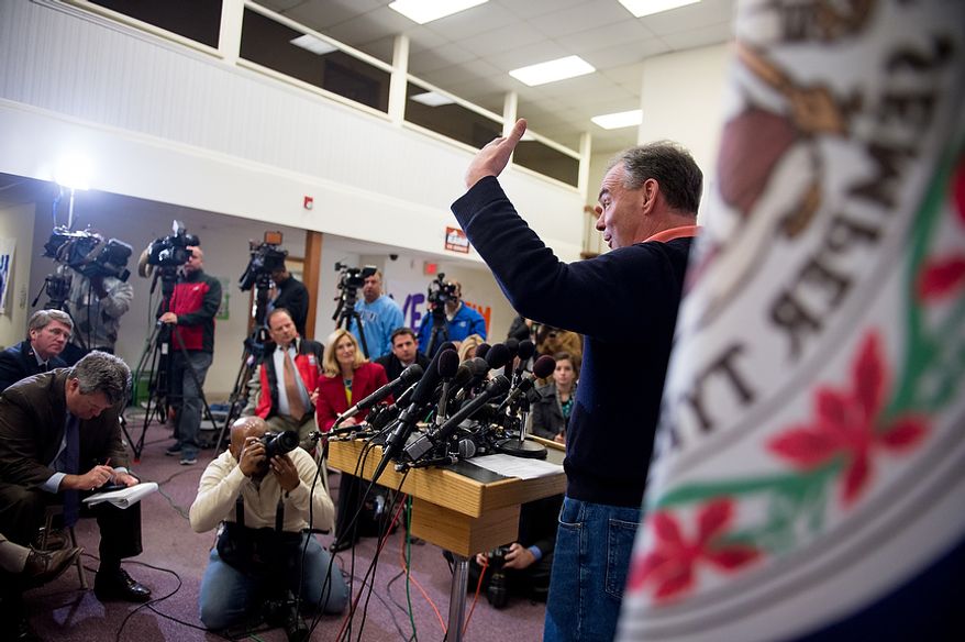 Virginia Senator Elect Tim Kaine (D) speaks at a press conference at Kaine for Virginia's Richmond headquarters the day after after winning the election, Richmond, Va., Wednesday, November 7, 2012. (Andrew Harnik/The Washington Times)